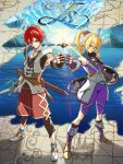 1boy 1girl adol_christin axe blonde_hair blue_eyes boots chiga_akira double-parted_bangs fingerless_gloves fist_bump full_body gloves green_eyes hair_between_eyes highres holding holding_shield holding_sword holding_weapon iceberg jewelry karja_balta looking_at_viewer necklace ocean ponytail red_hair sheath shield shoes sneakers sword weapon ys ys_x_nordics 