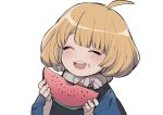  1girl :d absurdres blush closed_eyes dr._stone eating facing_viewer food fruit highres holding holding_food holding_fruit kojirou_(kojirou_sousaku) simple_background smile solo suika_(dr.stone) watermelon white_background 