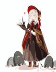  1girl aislan ascot black_dress bloodborne boots brown_cape brown_footwear cape closed_eyes closed_mouth dress gold_trim highres plain_doll red_ascot simple_background solo tombstone white_background white_hair 