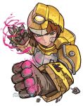  1girl absurdres armor atoroux bandage_on_face bandages battle_damage blood blood_on_face blood_on_hands brown_hair clenched_hands deep_rock_galactic drill driller_(deep_rock_galactic) green_eyes highres injury mining_helmet pink_blood simple_background solo upper_body 
