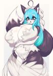  anthro big_breasts black_body black_fur blue_eyes blue_hair blush breasts clothed clothing female fluffy fluffy_tail fur hair hanul hi_res mammal simple_background solo tail tailzkim 