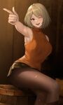  1girl absurdres armpits ashley_graham barrel blonde_hair blurry blurry_background breasts brown_eyes commentary_request finger_gun fingernails hand_up head_tilt highres index_finger_raised indoors jewelry lips looking_at_viewer medium_breasts necklace nyatokanyaru one_eye_closed open_mouth pantyhose resident_evil resident_evil_4 resident_evil_4_(remake) short_hair simple_background sitting skirt sleeveless sleeveless_sweater smile solo sweater teeth torn_clothes torn_pantyhose turtleneck upper_teeth_only 