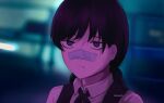  1girl absurdres bandaid bandaid_on_face bandaid_on_nose black_hair blade_runner_2049 blood blood_on_face blurry blurry_background chainsaw_man dress fourth_east_high_school_uniform goslingposting highres long_hair looking_at_viewer low_twintails masoq095 meme mitaka_asa neon_palette pinafore_dress scene_reference school_uniform sleeveless sleeveless_dress solo twintails twitter_username 