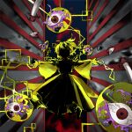  1girl ahoge commentary_request dagger disembodied_eye dress facing_viewer fire kaigen_1025 knife long_dress long_sleeves outstretched_arms purple_fire short_hair silhouette solo spread_arms touhou touhou_(pc-98) weapon wide_sleeves yuugenmagan 
