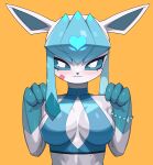  2023 3_fingers anthro blue_clothing blue_fingers blue_inner_ear breasts cleavage clothed clothing drunk_oak eeveelution female fingers front_view generation_4_pokemon glaceon hi_res light_body light_ears looking_at_viewer nintendo orange_background pokemon pokemon_(species) simple_background solo 
