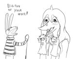  2023 31_minutos anthro black_and_white blush clothing dialogue dinosaur english_text eyelashes female hair hand_puppet hoodie juan_carlos_bodoque judee long_hair monochrome open_mouth open_smile puppet reptile scalie sketch smile snoot_game snout solo text tongue topwear unknown_artist 