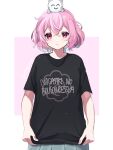  1girl black_shirt clothes_pull clothes_writing grey_skirt highres intkrgr_anm niconico nqrse nqrse_no_neko pink_eyes pink_hair shirt shirt_pull short_hair skirt solo t-shirt utaite 