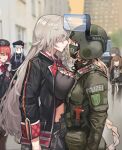  6+girls asymmetrical_docking black_jacket breast_press cross-laced_clothes eye_contact g36_(girls&#039;_frontline) g36c_(girls&#039;_frontline) girls&#039;_frontline grey_hair headset helmet highres hk416_(girls&#039;_frontline) jacket long_hair looking_at_another military military_helmet military_uniform mp7_(girls&#039;_frontline) multiple_girls outdoors photo-referenced sawkm ump45_(girls&#039;_frontline) ump9_(girls&#039;_frontline) uniform very_long_hair 