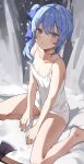  1girl axe bare_legs barefoot blue_eyes blue_hair camisole collarbone commentary flat_chest hair_ribbon hatchet_(axe) high_side_ponytail highres hololive hoshimachi_suisei looking_at_viewer orobou parted_lips ribbon sitting solo virtual_youtuber wariza white_camisole 