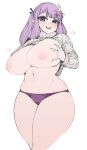  1girl :d blunt_bangs blush breasts commentary_request crescent crescent_hair_ornament curvy fangs grabbing_own_breast grey_sweater hair_ornament haseru_(ginku_mh) heart huge_breasts looking_at_viewer navel nipples open_mouth panties patchouli_knowledge purple_eyes purple_hair purple_panties simple_background smile solo sweater touhou two_side_up underwear white_background 