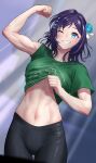  1girl abs aiba_uiha black_pants blue_bow blue_eyes blue_flower blue_hair blue_rose bow braid braided_bangs breasts clothes_lift commentary_request flexing flower french_braid green_shirt grin hair_bow hair_flower hair_ornament highres ike_(pixiv87705047) lifted_by_self looking_at_viewer medium_breasts medium_hair mole mole_under_eye muscular muscular_female navel nijisanji no_bra one_eye_closed pants rose shirt shirt_lift short_sleeves smile solo stomach sweat t-shirt toned virtual_youtuber yoga_pants 