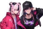  2girls baseball_cap black_collar black_hair black_headwear chain chimachi collar commentary_request double_bun drawstring ear_piercing earrings grin hair_bun hair_ornament hairclip hand_in_pocket hand_up hat highres hood hood_down hooded_jacket jacket jewelry long_hair long_sleeves looking_at_viewer mismatched_earrings multicolored_hair multiple_girls off_shoulder open_clothes open_jacket original parted_lips piercing pink_eyes pink_hair pink_jacket print_headwear print_shirt purple_eyes purple_shirt shirt short_hair signature simple_background smile streaked_hair twitter_username two-sided_fabric two-sided_jacket upper_body white_background zipper 