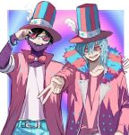  2boys ametaro_(ixxxzu) belt black_hair blue_hair blue_pants boku_no_hero_academia bow bowtie bracelet burn_scar cheek_piercing dabi_(boku_no_hero_academia) ear_piercing fur-trimmed_jacket fur_trim hat hat_feather highres jacket jewelry light_blue_hair medium_hair multiple_boys multiple_piercings multiple_scars nose_piercing pants piercing pink_bow pink_bowtie pink_jacket pink_shirt red-tinted_eyewear red_eyes scar scar_on_arm scar_on_face scar_on_hand scar_on_mouth scar_on_neck shigaraki_tomura shirt simple_background spiked_hair staple stapled stitches striped striped_headwear sunglasses tinted_eyewear top_hat v white_background wrinkled_skin 