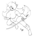  2023 4_fingers action_pose anaugi anthro big_breasts black_and_white boots breasts canid canine canis clothing domestic_dog english_text female fingers fist footwear hachimitsu hair hair_over_eye holding_object holding_sword holding_weapon katana leotard long_hair mammal melee_weapon monochrome navel_outline one_eye_obstructed pose scar signature simple_background sketch solo sword text weapon white_background 