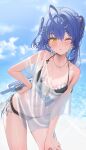  1girl ;o ahoge amamiya_kokoro bikini black_bikini blue_hair blue_sky breasts cloud day frilled_bikini frills hand_on_own_thigh highres holding holding_water_gun kanzarin looking_at_viewer nijisanji one_eye_closed outdoors see-through see-through_shirt shirt side-tie_bikini_bottom sky small_breasts solo standing swimsuit virtual_youtuber water_gun wet white_shirt yellow_eyes 