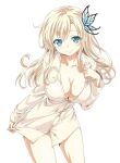  1girl aqua_eyes blonde_hair boku_wa_tomodachi_ga_sukunai bottomless breasts buriki_(style) butterfly_hair_ornament cleavage closed_mouth clothes_pull commentary_request cowboy_shot hair_ornament kashiwazaki_sena large_breasts leaning_forward light_smile long_hair looking_at_viewer official_style pulled_by_self shirt shirt_pull simple_background solo unbuttoned unbuttoned_shirt watanabe_yoshihiro white_background white_shirt 