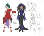  2girls ahoge arms_at_sides arrow_(projectile) black_choker black_dress black_hair blue_eyes blue_gloves bright_pupils choker closed_mouth commentary_request dark-skinned_female dark_skin dress full_body geeta_(pokemon) gloves green_hair hashima_(hashima-dr) long_hair long_sleeves multiple_girls multiple_views parted_bangs partially_colored pokemon pokemon_(game) pokemon_sv ponytail red_dress red_footwear rika_(pokemon) shoes sidelocks single_strap smile standing white_background white_pupils 