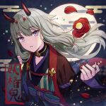  1girl commentary_request fingernails flower full_moon green_hair horns japanese_clothes kimono kusanagi_nene long_hair long_sleeves looking_at_viewer moon oni_horns parted_lips petals project_sekai purple_eyes raika_(bc1rub8tpr5jp2l) red_nails solo upper_body 
