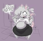  2023 anthro belly big_belly big_breasts blep bloated bottom_heavy bottomwear breasts clothing dialogue elisa_(maddeku) english_text female fur grey_body grey_fur hi_res hyper_hips looking_aside maddeku mammal murid murine overweight overweight_female rat rodent skirt solo text thick_thighs tongue tongue_out 