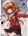  absurdres ahoge alternate_costume black_skirt blonde_hair closed_mouth commentary_request crystal flandre_scarlet gradient_background grey_background highres long_sleeves medium_hair miniskirt one_side_up signature skirt thighhighs top-exerou touhou white_headwear white_thighhighs wings 