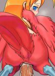  1boy 1girl akai_(ugokashitari) bar_censor bird_legs bird_tail blonde_hair blue_eyes blush censored cloaca cum cum_in_cloaca feathered_wings feathers grey_background harpy harpy_(akai) hetero long_hair monster_girl original penis pov red_feathers red_wings sex sex_from_behind simple_background sweatdrop tail winged_arms wings 