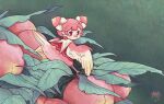  1girl artist_name beak bird_girl bird_legs bird_tail bird_wings bright_pupils dated double_bun dress food from_side fruit furry furry_female green_background hair_bun highres hua_hua_de_meme leaf looking_at_viewer looking_to_the_side original peach pink_fur pink_hair red_dress red_eyes short_hair signature tail turning_head white_pupils wings 