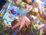  1girl :d aqua_eyes bird black_headwear black_nails blue_flower blue_rose blue_sky cloud commentary floral_print flower gagaku_kawa_rei green_hair green_skirt koishi_day komeiji_koishi long_sleeves looking_at_viewer open_mouth outdoors pillar red_flower red_rose rose rose_print shirt short_hair skirt sky smile teeth third_eye thorns touhou upper_teeth_only wide_sleeves yellow_shirt 