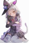  1girl :t asymmetrical_legwear black_headwear black_shirt black_skirt blush braid cardigan cat_tail commentary_request grey_hair hat highres hololive hug long_sleeves miakiuehashi mismatched_legwear murasaki_shion no_shoes one_eye_closed pleated_skirt purple_cardigan shadow shiokko_(murasaki_shion) shirt side_braid sidelocks simple_background skirt solo star_(symbol) star_print tail thighhighs virtual_youtuber white_background white_thighhighs witch_hat yellow_eyes 