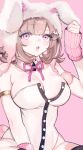  1girl animal_ears breasts danganronpa_(series) danganronpa_2:_goodbye_despair fake_animal_ears galaga hair_ornament hand_up highres leotard looking_at_viewer nakiyande nanami_chiaki pink_eyes playboy_bunny rabbit_ears solo strapless strapless_leotard 