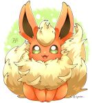  :d bright_pupils commentary_request fangs flareon full_body green_eyes highres kyouka._(kyouka) looking_at_viewer no_humans open_mouth pokemon pokemon_(creature) smile solo tongue white_pupils yellow_fur 