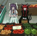  2girls animal_ears braid cat_ears cat_tail cucumber dress food frilled_sleeves frills fruit green_dress holding juliet_sleeves kaenbyou_rin long_hair long_sleeves multiple_girls multiple_tails necktie nekomata open_mouth puffy_sleeves rabbit_ears rabbit_girl red_hair red_necktie reisen_udongein_inaba shop smile tail tomato touhou twin_braids two_tails watermelon zozoru 