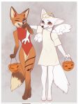  2023 anthro arctic_fox barefoot blue_eyes blush border brown_body brown_fur canid canine digital_media_(artwork) dipstick_tail doli_(yshanii) duo fake_horns fangs feet female fox fur gloves_(marking) halloween_costume hi_res leg_markings looking_at_viewer male mammal markings one_eye_closed orange_body orange_fur red_fox satin_(yshanii) socks_(marking) standing tail tail_markings teeth tongue white_body white_border white_fur yellow_eyes yshanii 