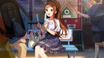  1girl brown_eyes brown_hair double_popsicle happy holding_popsicle idolmaster idolmaster_(classic) idolmaster_million_live! idolmaster_million_live!_theater_days long_hair minase_iori official_art open_mouth ponytail sitting sitting_on_bench 