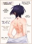  1boy androgynous bruise butt_crack character_name english_text facing_away genshin_impact highres injury light_brown_background light_brown_border male_focus nekojinnyart purple_hair scar scar_on_back scaramouche_(genshin_impact) shirt short_hair solo topless_male white_background white_shirt 