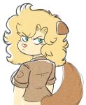  2023 anthro barkly_(kabula) biped black_pupils blonde_hair blue_eyes breasts brown_clothing brown_ears brown_shirt brown_tail brown_topwear canid canine canis clothed clothed_anthro clothed_female clothing colored colored_sketch curled_hair digital_drawing_(artwork) digital_media_(artwork) dog_ears dog_tail domestic_dog eyebrow_through_hair eyebrows eyelashes female female_anthro fur hair half-length_portrait hi_res kabula_(artist) looking_back mammal pink_nose portrait pupils rear_view shirt sketch solo tail tan_body tan_fur three-quarter_view topwear translucent translucent_hair 