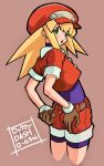  1girl belt bike_shorts bike_shorts_under_shorts blonde_hair brown_gloves cabbie_hat cropped_jacket gloves green_eyes hat jacket kou_(spad7u59) long_hair looking_at_viewer mega_man_(series) mega_man_legends open_mouth red_headwear red_jacket red_shorts roll_caskett_(mega_man) short_sleeves shorts simple_background solo 