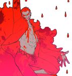  1boy abs ahi_tb arm_up belt blood blood_on_clothes blood_on_face blood_on_hands donquixote_doflamingo feather_coat grin highres leg_hair male_focus muscular muscular_male navel one_piece open_clothes pants rain short_hair simple_background smile solo sunglasses white_background 