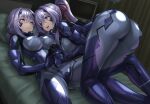  2girls armored_bodysuit ass bed blue_bodysuit blue_eyes blush bodysuit breasts character_request commentary_request covered_nipples fortified_suit headgear highres holding_hands hospital_bed impossible_bodysuit impossible_clothes interlocked_fingers kurione_(zassou) large_breasts long_hair looking_at_another lying mole mole_under_mouth monitor multiple_girls muv-luv muv-luv_alternative on_back pillow ponytail purple_hair shiny_clothes skin_tight yuri 