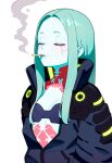  1girl aqua_hair black_jacket blue_skin breasts cigarette cleavage colored_skin commentary cyberpunk_(series) cyberpunk_edgerunners highres jacket lividy long_hair long_sleeves rebecca_(cyberpunk) simple_background small_breasts smoking solo upper_body white_background 