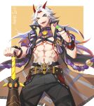  1boy abs arataki_itto belt_buckle bishounen bodypaint buckle club_(weapon) cowboy_shot dango food from_below genshin_impact horns japanese_clothes male_focus oni oni_horns red_horns simple_background smile solo tagme toned toned_male tooaya wagashi weapon white_hair 
