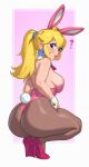  1girl ? absurdres animal_ears ass bare_shoulders blonde_hair blue_eyes blush breasts crown curvy earrings fake_animal_ears fake_tail full_body high_heels high_ponytail highleg highleg_leotard highres huge_ass jewelry large_breasts leotard lips lipstick long_hair looking_at_viewer looking_back makeup mario_(series) nintendo pantyhose pink_footwear pink_lips playboy_bunny ponytail princess_peach pumps rabbit_ears rabbit_tail riz shiny_clothes shiny_skin sideboob solo spoken_question_mark squatting super_mario_bros._1 tail thick_thighs thighs very_long_hair wide_hips 
