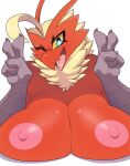  absurd_res anthro areola avian big_breasts bird blaziken blue_eyes breasts female fur generation_3_pokemon hair hi_res looking_at_viewer mammal nintendo nipples nude pokemon pokemon_(species) red_body simple_background smile snappygrey solo white_background 