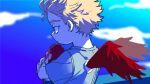  1boy aged_down blonde_hair boku_no_hero_academia character_doll endeavor_(boku_no_hero_academia) feathered_wings feathers hawks_(boku_no_hero_academia) highres holding holding_stuffed_toy male_focus nishino_(fetv8484) red_feathers red_wings short_hair solo stuffed_toy wings 