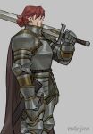  1girl absurdres armor artist_name brown_cape cape from_side highres holding holding_sword holding_weapon m4rjinn original over_shoulder red_hair scar scar_on_face short_hair simple_background solo standing sword watermark weapon weapon_over_shoulder 