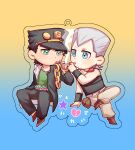  2608337875 2boys belt black_hair blue_eyes chain charm_(object) chibi cigarette cigarette_kiss earrings flattop gakuran green_eyes grey_hair hat highres holding holding_cigarette jean_pierre_polnareff jewelry jojo_no_kimyou_na_bouken lighting_cigarette male_focus multiple_belts multiple_boys school_uniform stardust_crusaders triangle_print 