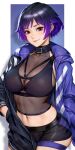  1girl abs belt_collar breasts cleavage collar hands_in_pockets highres jacket looking_at_viewer multicolored_clothes multicolored_jacket neoartcore open_clothes open_jacket purple_hair reina_(tekken) short_hair short_shorts shorts smile solo standing tekken tekken_8 toned two-tone_jacket 