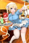  1girl absurdres apron blend_s blonde_hair blue_dress blue_eyes blurry blurry_background blush breasts cafe dress food frilled_apron frills fruit gibun_(sozoshu) gloves hair_between_eyes head_scarf highres hinata_kaho holding holding_tray indoors large_breasts long_hair looking_at_viewer open_mouth outstretched_arm parfait short_dress sidelocks smile solo standing stile_uniform strawberry thigh_gap thighhighs thighs tray twintails very_long_hair waitress white_apron white_gloves white_thighhighs zettai_ryouiki 