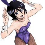  1girl animal_ears bare_shoulders black_hair bleach breasts cleavage covered_navel fake_animal_ears fishnet_pantyhose fishnets hair_between_eyes highres kuchiki_rukia leotard looking_at_viewer open_mouth pantyhose playboy_bunny purple_eyes purple_leotard rabbit_ears rabbit_pose rakusakugk short_hair small_breasts solo strapless strapless_leotard teeth white_background wrist_cuffs 