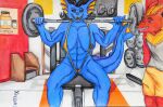  absurd_res age_difference anthro black_mouth black_nipples black_sclera breasts clothed clothing dumbbell duo eeveelution erection erection_under_clothing exercise female flareon generation_1_pokemon gym hi_res male male/female mature_female muscular muscular_anthro muscular_female nintendo nipples one_breast_out pokemon pokemon_(species) surprise surprised_expression vaporeon weights younger_male zortrex 