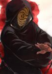  1boy black_hair blood blood_stain embers from_side highres hood hood_up male_focus mocca1226 naruto_(series) naruto_shippuuden official_alternate_costume outstretched_arms red_eyes sharingan solo tobi_(naruto) upper_body 